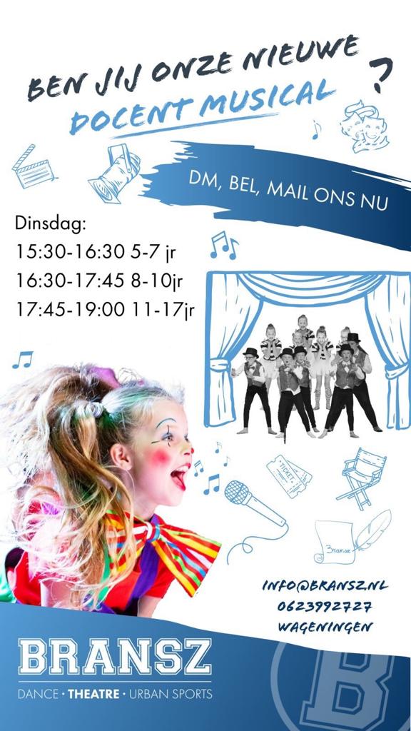 Ben jij onze nieuwe Musical docent? Bekijk deze poster en reageer nu via email of whatsapp!