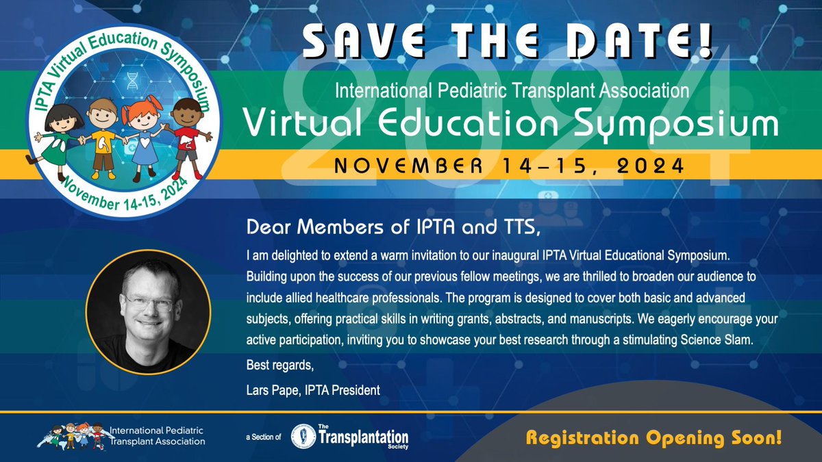 We're excited to announce 📢 IPTA's inaugural Virtual Education Symposium! 💡Learn from international transplantation and allied healthcare pros, covering basic and advanced subjects! 

🗓️Save the date Nov 14-15
👀More info coming soon! 

#TransplantTwitter #IPTAEducation