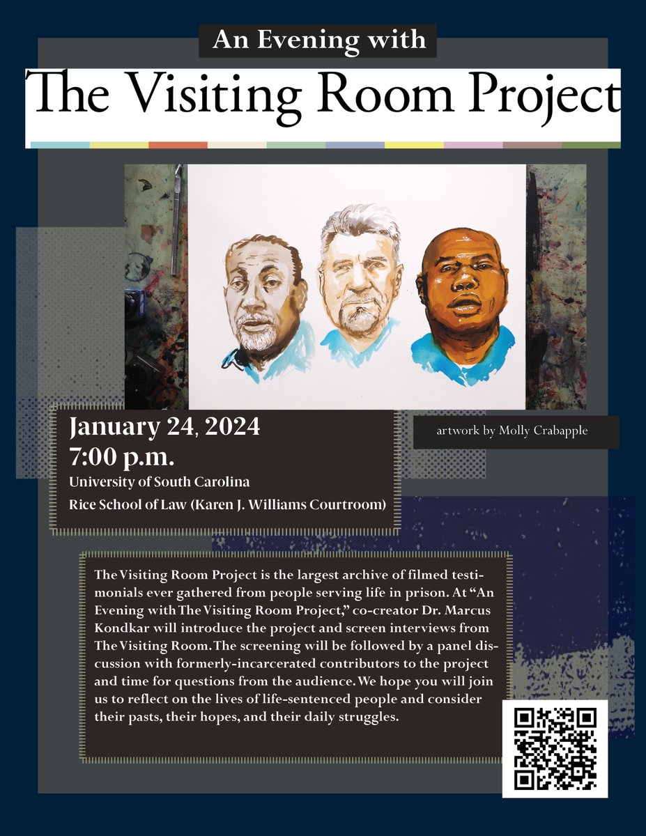 PieterBaker's tweet photo. South Carolina friends, colleagues, anyone interested in the lives of incarcerated people -  join us tomorrow night for The Visiting Room Project (@VisitingRoomPr)  at @UofSCLaw (open to public) https://t.co/TIiv9O35dC