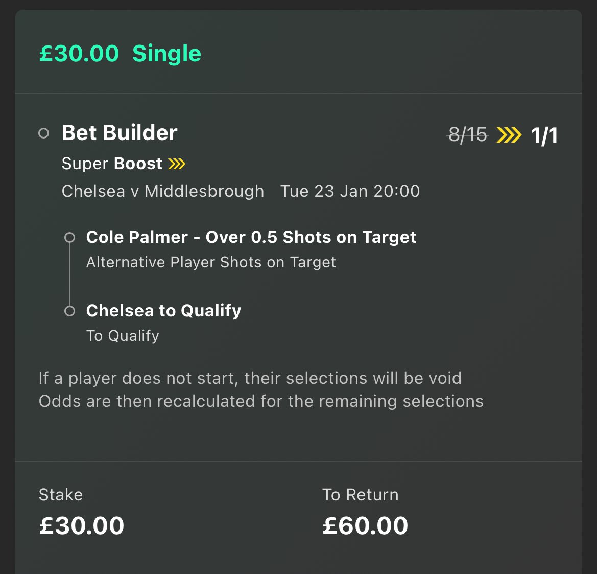 😍 F*ck it… £60 cash giveaway! If the Chelsea vs Middlesbrough super boost wins, we’ll give away £60 cash! 👉 £30 to someone who LIKES this tweet. 👉 £30 to someone who RETWEETS this tweet. Must be following us. Ready? Go!