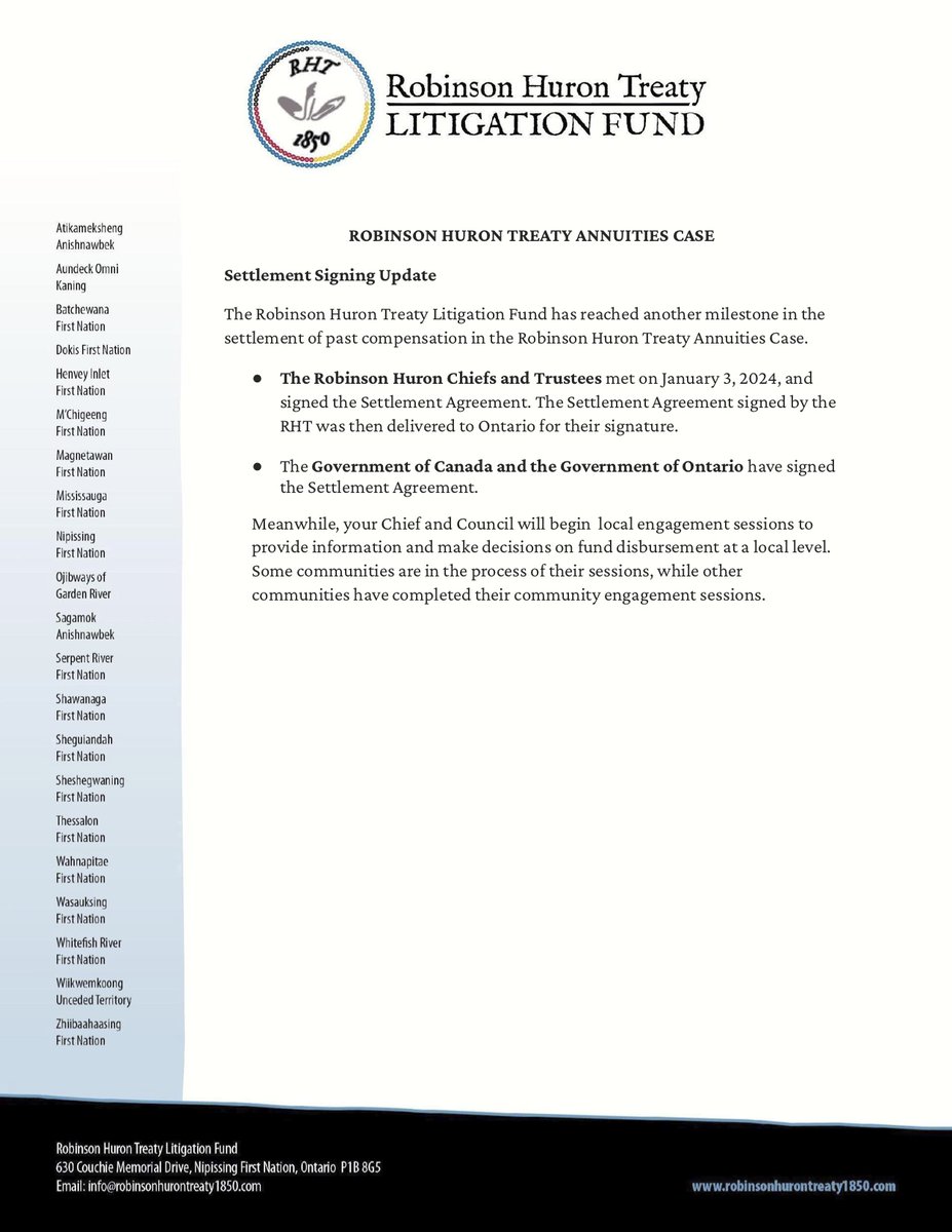 The Robinson Huron Treaty Litigation Fund has reached another milestone in the settlement of past compensation in the Robinson Huron Treaty Annuities Case.

● The Government of Canada and the Government of Ontario have signed the Settlement Agreement.

Read the full update below