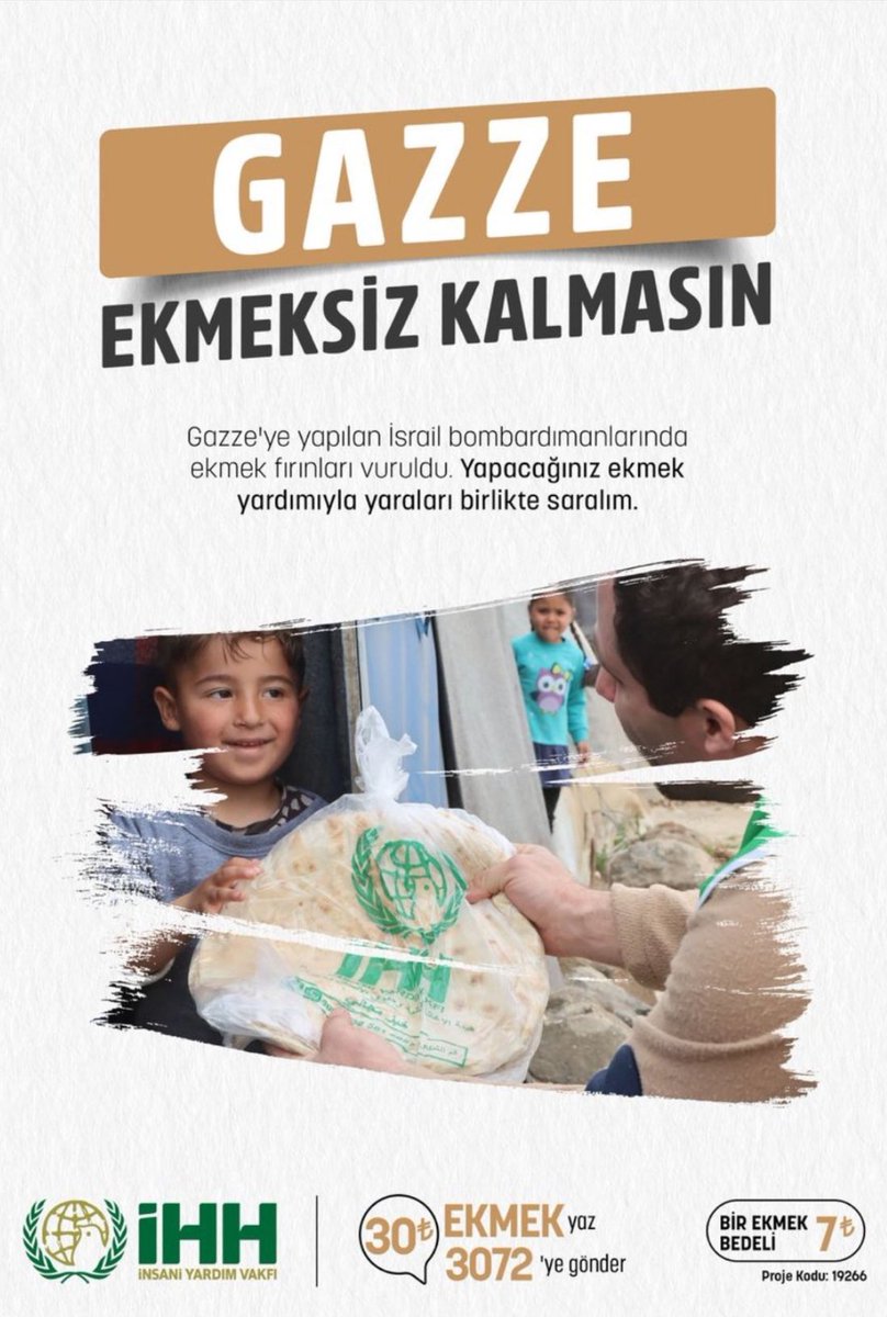 Sadece tivit atmakla olmaz. Bir yandan yardımlara devam edelim. Herkes en az 3 ekmek yazıp ekran görüntüsü paylaşsın ve 3 arkadaşını etiketleyerek hayra davet etsin. Biz de buradan paylaşalım teşvik olsun. #GazaStarving