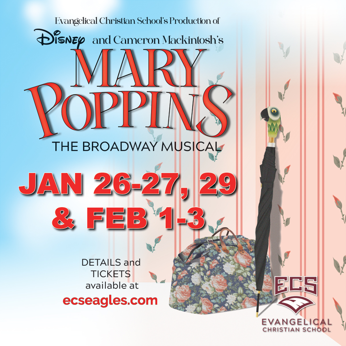 ecs_eagles's tweet image. UPDATE: MARY POPPINS OPENS THIS FRIDAY NIGHT!

The Thursday night Mary Poppins performance has been rescheduled to Saturday at 1:30 p.m. 
⁠
Don't wait! Reserve your seats today at any of the 8 shows: tinyurl.com/ECSgofan🎟️⁠
⁠
#PracticallyPerfect #MaryPoppins #ECSeagles