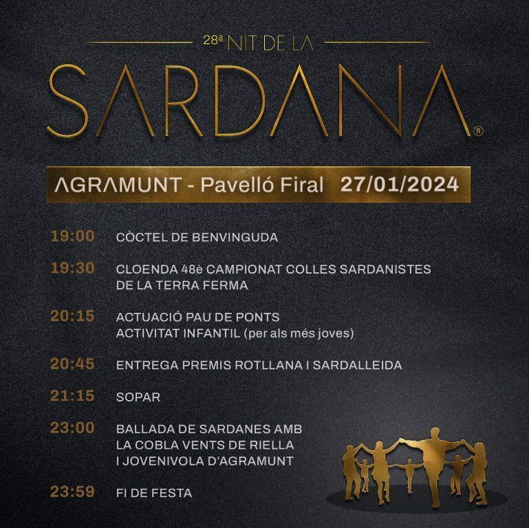 🌙 La Nit de la Sardana de terres de ponent s'apropa!

🗓️ 27 gener
⏰ a partir de les 19 h
📍 Pavelló Firal d'Agramunt
🤸‍♀️ Amb activitats per a tothom i amb @LoPaudePonts 
🎺 @jovenivola + @ventsderiella +  Escola Música @agramunt_cat 

ℹ️ buff.ly/3S7h0ED