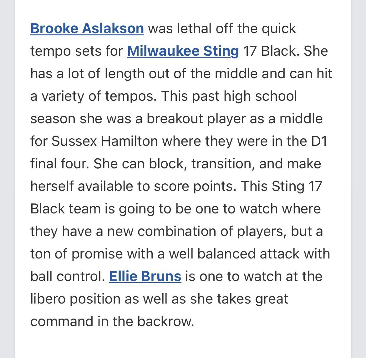 mkesting17black_2024 (@sting17black24) on Twitter photo Congratulations to our very own <a href="/brookeaslakson/">Brooke Aslakson</a> & <a href="/ebrunsvball2025/">Ellie Bruns</a> on being named to the Prep Dig Resolution All-Tournament team! Thanks for the coverage <a href="/PrepDig/">Prep Dig 🏐</a> <a href="/PrepDigChris/">Chris Fitzgerald</a>! <a href="/RecruitMKESting/">Milwaukee Sting Volleyball Recruiting</a> Congratulations to our very own <a href="/brookeaslakson/">Brooke Aslakson</a> & <a href="/ebrunsvball2025/">Ellie Bruns</a> on being named to the Prep Dig Resolution All-Tournament team! Thanks for the coverage <a href="/PrepDig/">Prep Dig 🏐</a> <a href="/PrepDigChris/">Chris Fitzgerald</a>! <a href="/RecruitMKESting/">Milwaukee Sting Volleyball Recruiting</a>