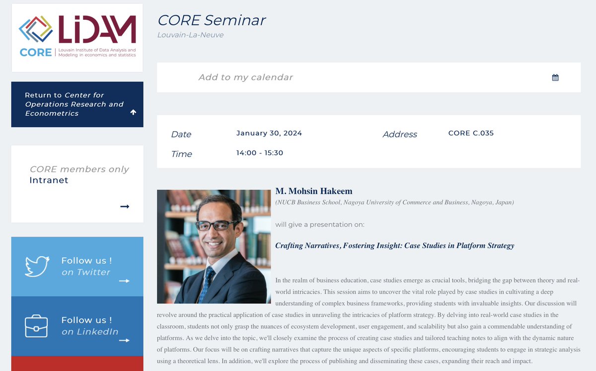MohsinHakeem's tweet photo. Excited to announce that I'll be speaking at UC Louvain on case study development and usage in areas like platform strategy—an in-person event, it would be great to catch up if you're around! https://t.co/4CdNhbsn8O