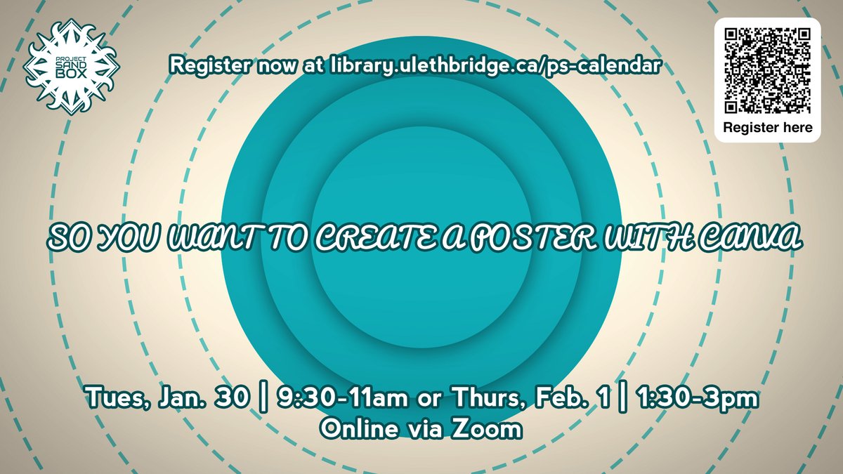 ulethlibrary's tweet image. &quot;So you want to create a poster with Canva&quot; Online via Zoom Workshops

  • Tu, Jan 30; 9:30–11am:  myexperience.uleth.ca/openEvents.htm…
     OR
  • Th, Feb 1; 1:30–3pm: myexperience.uleth.ca/openEvents.htm…

#ULethbridge #ProjectSandbox @ulethCalgary