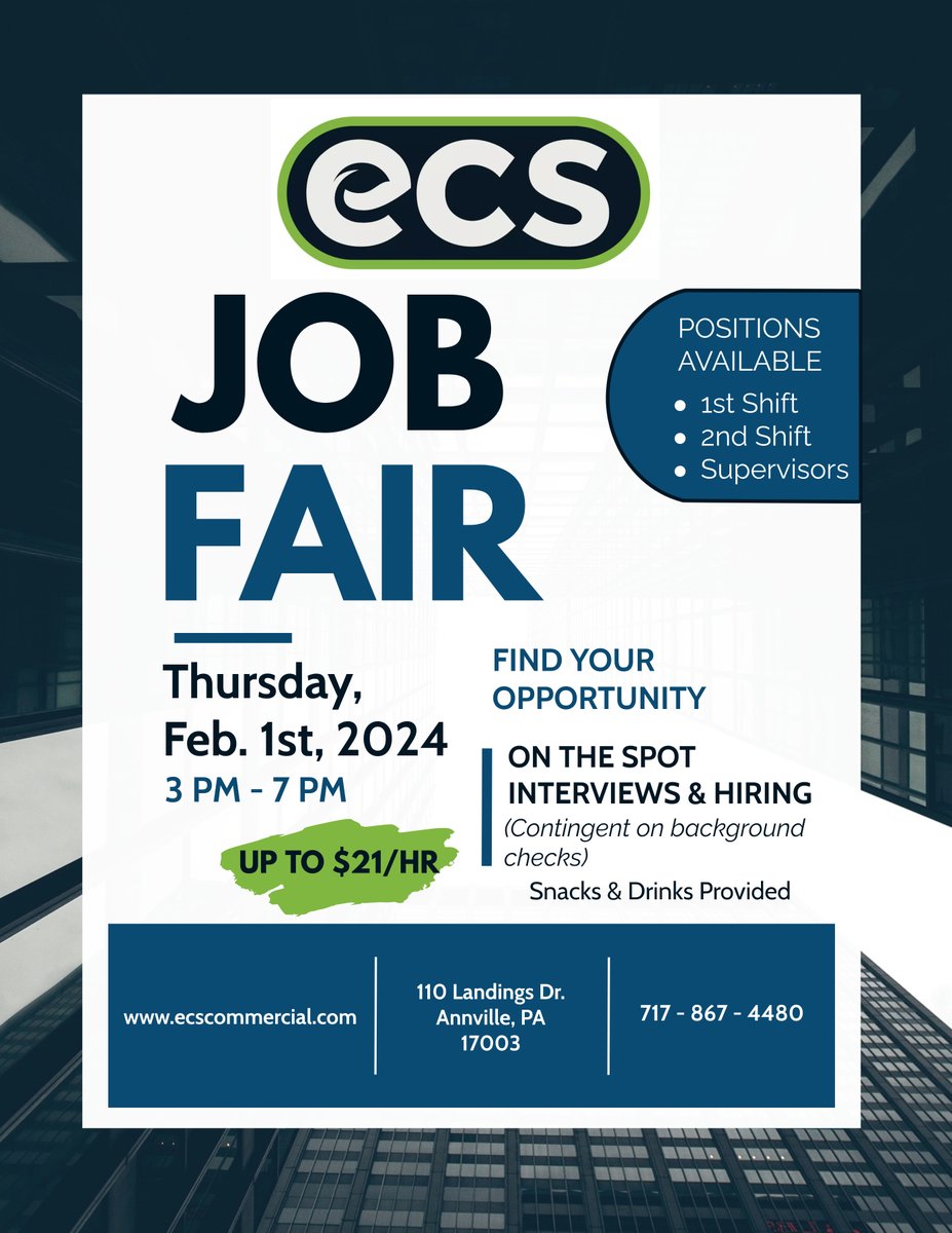 ecscommercial's tweet photo. Friendly reminder, Central PA job seekers!  Our local ECS Job Fair is just around the corner – happening next week!
Save the date and get ready to take the next step in your career journey with us!
#ecscommercial
https://t.co/tvd44K8Cwk https://t.co/DrIqNDAhrE
