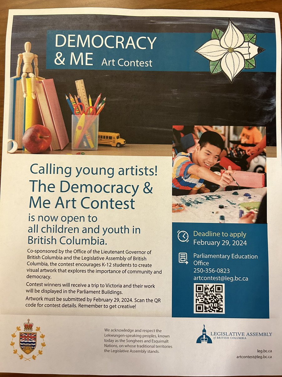 Good news, young artists! Attention parents and teachers! @BCLegislature has extended the deadline for the Democracy & Me Art Contest. Now, you have until February 29th, 2024 to enter!