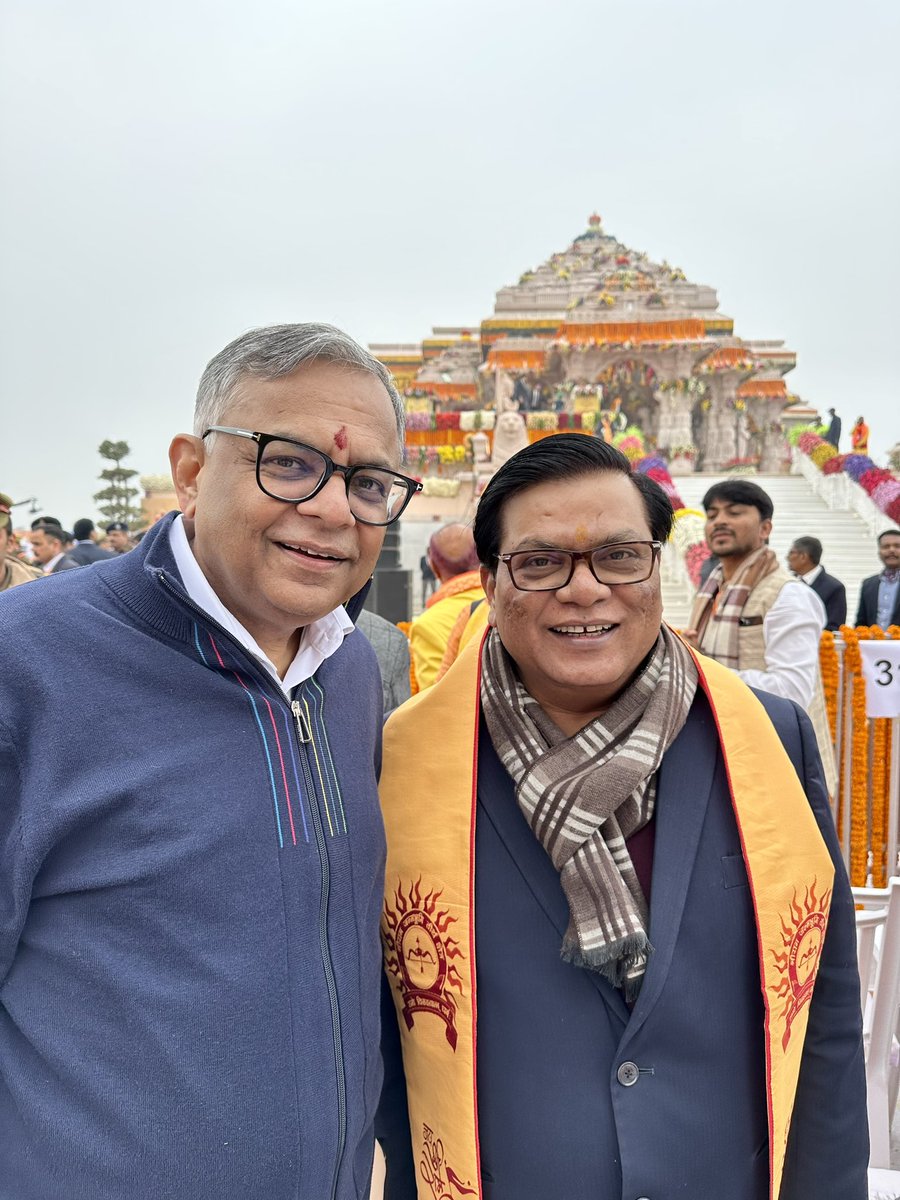 DrMilindKamble's tweet photo. I had the privilege of participating in the Pran Prathishta Program at Ayodhya as a VVIP guest in the Industry Category. 

It was an incredible experience sitting next to Mr. N Chandrasekaran, Chairman of Tata Group. 

I also had the opportunity to meet prominent figures such as Mukesh Ambani, Sunil Munjal of Hero Group, Sunil Mittal- Airtel, Anil Agrawal of Vedanta, Ajay Shriram, Ashish Chauhan, MD of NSE, members of the Jindal Family, Kumar Mangalam Birla, Mr Damani- D Mart, Mr Hira Nandani,  as well as various personalities from film, sports, trade, commerce, Padma awardees, and saints. Among 7000 distinguished Indians, I feel fortunate to have been a part of this event. 

A special thanks to Sh Champat Rai, the General Secretary of Shri Ram Janmabhoomi Teerth Kshetra.

#ShriRamMandir #PranPratishthaRamMandir 

@PMOIndia @narendramodi @myogiadityanath @DICCIorg