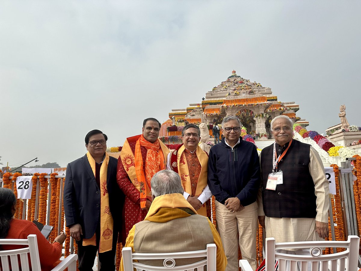 I had the privilege of participating in the Pran Prathishta Program at Ayodhya as a VVIP guest in the Industry Category. 

It was an incredible experience sitting next to Mr. N Chandrasekaran, Chairman of Tata Group. 

I also had the opportunity to meet prominent figures such as