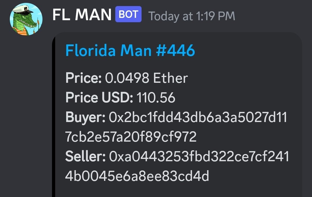 Florida Man Sales Bot 🤖 (@flmansales) on Twitter photo 🕊️ <a href="/FLmanNFTs/">Florida Man</a> #446 SOLD FOR .05 $ETH 📈
#ZoosDayTuesdays is here at #FloridaMan
🚨 WHO'S NEXT? 👇 📈 🕊️ <a href="/FLmanNFTs/">Florida Man</a> #446 SOLD FOR .05 $ETH 📈
#ZoosDayTuesdays is here at #FloridaMan
🚨 WHO'S NEXT? 👇 📈