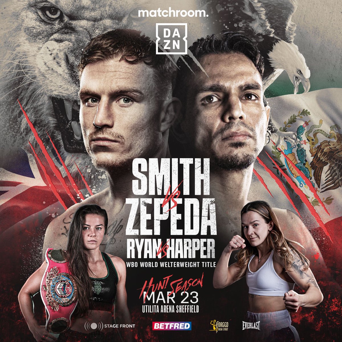 MatchroomBoxing's tweet photo. World Honours in sight 🎯 @daltonsmith08 takes on three-time World Title challenger @ChonZepeda in front of a home Sheffield crowd on March 23! 

Plus @sandyryan93 defends her WBO 147lbs gold against @TerriHarper96 in an all-British World Title showdown 🔥 

#SmithZepeda | @DAZNBoxing | #RyanHarper