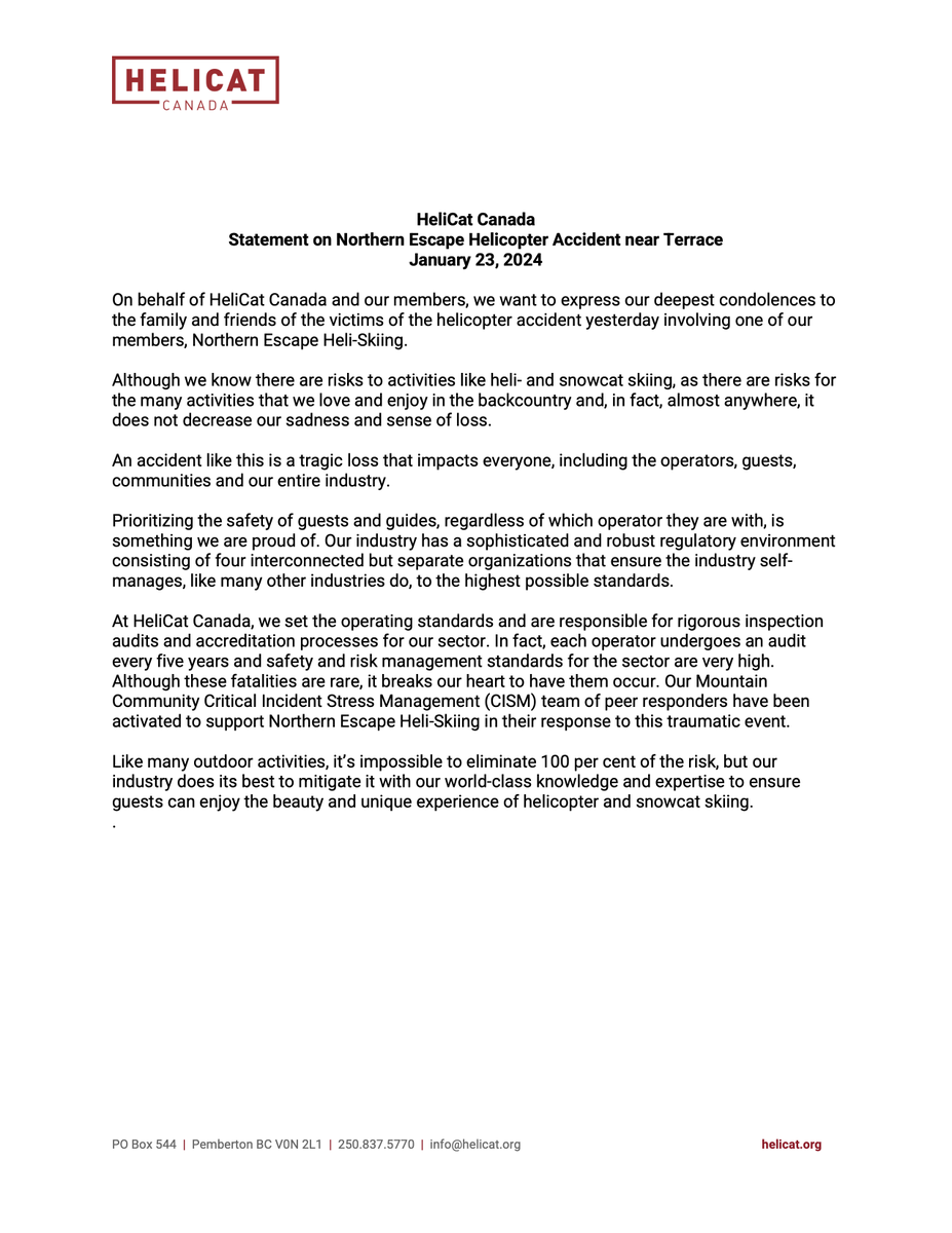 HeliCatCanada's tweet photo. On behalf of HeliCat Canada and our members, we express our deepest condolences to the family and friends of the victims of the helicopter accident yesterday involving one of our members, Northern Escape Heli-Skiing.

Please see our statement below. https://t.co/Wo1scCCb2v