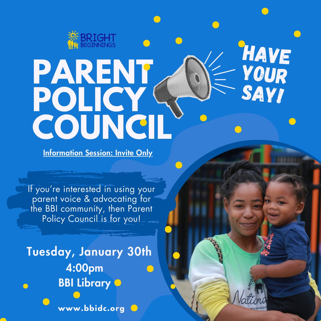 📢New Date: At BBI your voice matters! Join us on Tuesday, January 30th at 4:00 pm and have your say at the Parent Policy Council (PPC). Your voice will help shape BBI's programs, fostering a stronger community.

#BBIDC #Ward8 #ParentEmpowerment #Parenthood