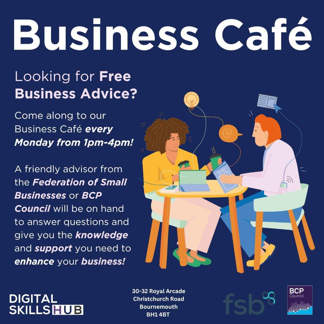 The Digital Skills Hub is partnering with @fsb_policy and @BCPCouncil to host our Business Café - a free drop-in service - every Monday from 1pm to 4pm. #DigitalSkillsHubBoscombe #FederationOfSmallBusinesses #FreeBusinessSupport #SME #BCP