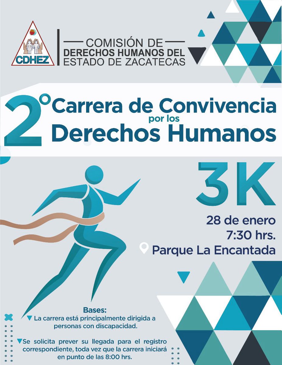 La #CDHEZ te invita a participar en la 2da Carrera de Convivencia por los Derechos Humanos 3K, el domingo 28 de enero a las 7:30 hrs, en el parque La Encantada. Contamos con tu participación. #TodosLosDerechosParaTodasLasPersonas