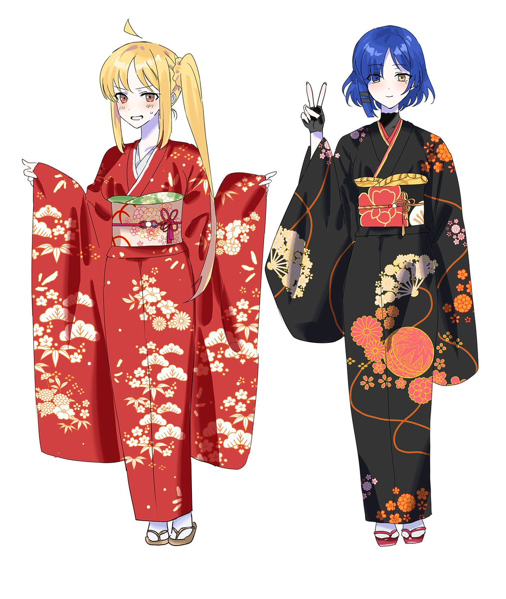 ijichi nijika ,yamada ryo multiple girls 2girls kimono japanese clothes blonde hair blue hair side ponytail  illustration images