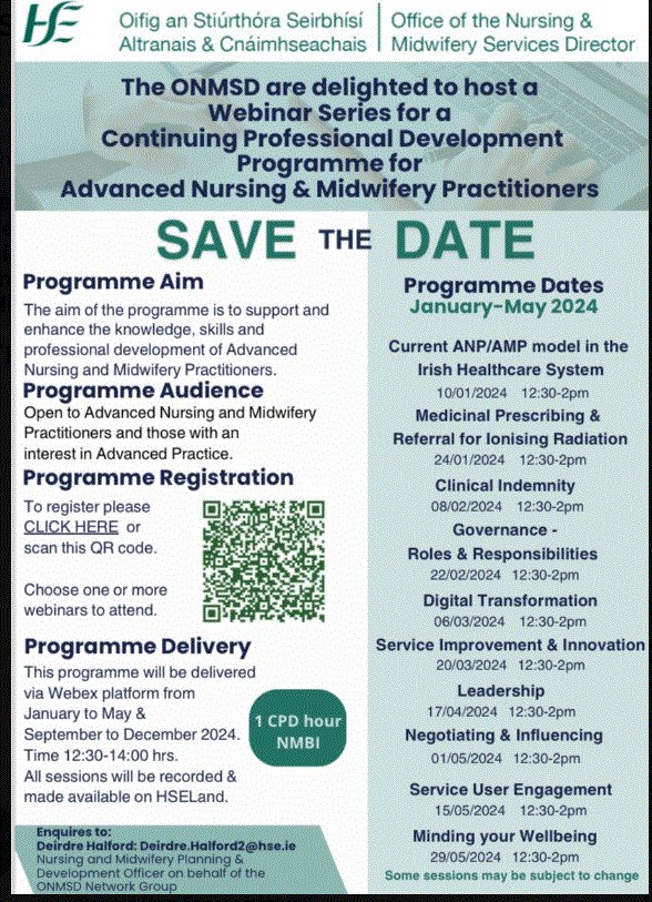 The 2nd @NurMidONMSD ANP AMP Webinar series tomorrow Jan 24th 12.30-14.00 @CuhANP @NursingSIVUH @uhknursing @HospitalMallow @BGHsswhg @mercy_nursing @CarmelBBuckley @BridAOSullivan @IrelandSouthWID @CorkKerryCH @ConnaireSinead @sheila_cahalane See Details & QR Code to Register👇