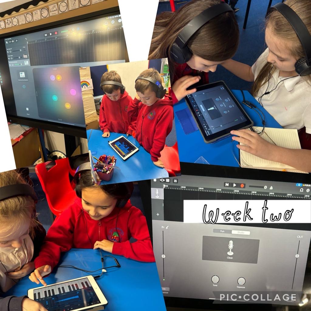 Another brilliant Garage Band workshop with Alex @VisibleMusic_UK 🎸 in Dosbarth Harlech today. We especially loved recording our voices! 🎵