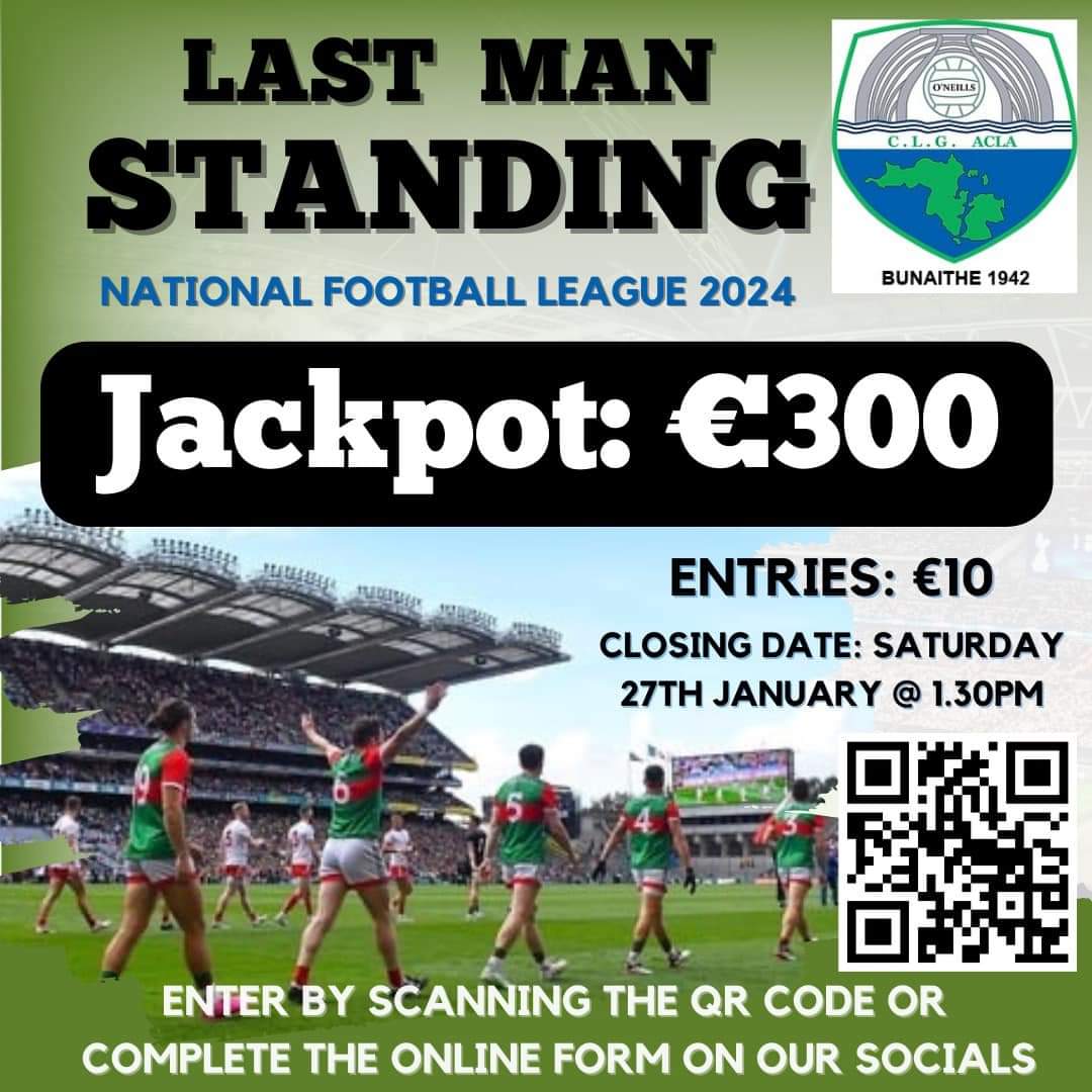 🌟𝐋𝐀𝐒𝐓 𝐌𝐀𝐍 𝐒𝐓𝐀𝐍𝐃𝐈𝐍𝐆 𝐂𝐎𝐌𝐏𝐄𝐓𝐈𝐓𝐈𝐎𝐍🌟 Our CLG Acla Last Man Standing Competition is back by popular demand 🤩 With a jackpot of €300 up for grabs - it’s bigger & better than ever before 👌🏻 Entry costs €10 & closes on 27th Jan klubfunder.com/Clubs/Achill_G…