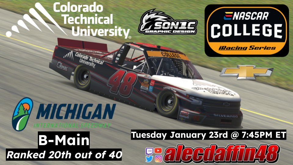 alecdaffin48's tweet photo. Race #5 for the eNASCAR College iRacing Series tonight at Michigan. Yet again, we will be in the B-Main. After the nightmare at Watkins Glen in November, we will be looking for a smooth race, and then see what happens. #iRacing #eNASCAR #leagues #Chevrolet #CTU #eNiCS #Michigan https://t.co/ynbDWCD8Ij
