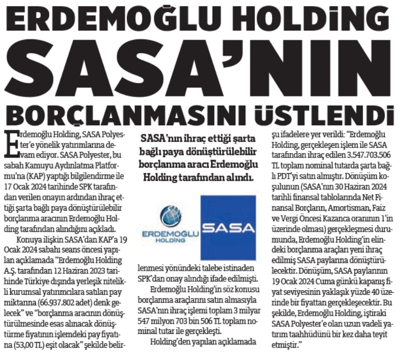 #SASA Erdemoğlu Holding SASA'nın Borçlanmasını Üstlendi.

Yenibirlik