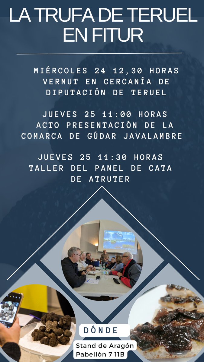 La #trufa negra de Teruel estará mañana miércoles en #FITUR2024 junto con @DPTeruel en el vermú de cercanía donde @laojinegra mostrará todo el juego que dan los alimentos de Teruel. El jueves será protagonista con @GudarJavalambre y el panel de cata de ATRUter hará un taller
