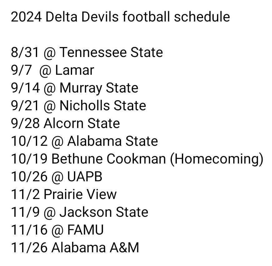 The two things that stick out to me about the 2024 Valley football schedule:

* Alcorn as the first game will be a sellout regardless of record 

* I don't ever recall us playing Jackson State in November. Ever

#MVSU #HBCU #HBCUs #HBCUsMatter #TheTimeIsNOW #HailToThee #BIFTV