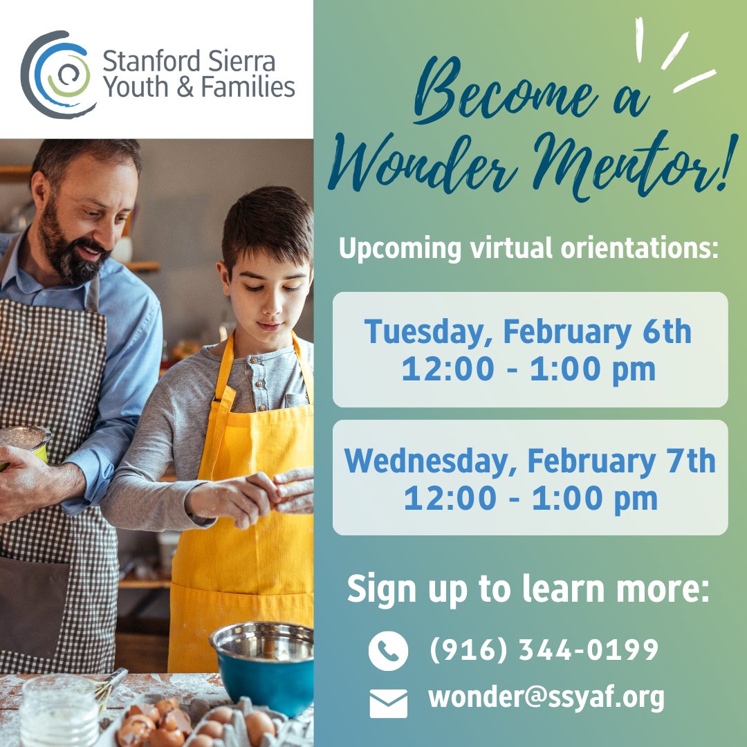 StanfordSierra1's tweet image. Make a Wonder-ous impact by becoming a Wonder mentor! Join our Wonder Mentoring program and learn how you can support a youth impacted by foster care.  

For more information or to RSVP, call 916-344-0199 or email wonder@ssyaf.org.

#mentor #saccounty #placercounty