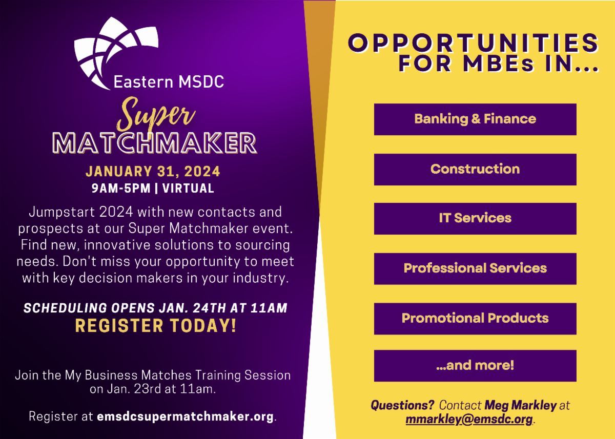 🌟 Secure your spot for our Super Matchmaker event now! Seize the chance to maximize your certification & connect with influential decision-makers across various sectors! 🚀 Don't miss out—register today buff.ly/3G3Wmk1 #SuperMatchMaker #SupplierDiversity #MBESupplier