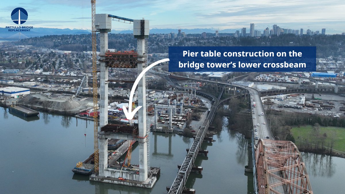 In this aerial shot of the main bridge tower from November, you can see the steel “pier table” being built on top of the lower crossbeam.

The pier table is the centre of the future bridge deck – soon, a crane will install deck panels and steel beams outward from this point.