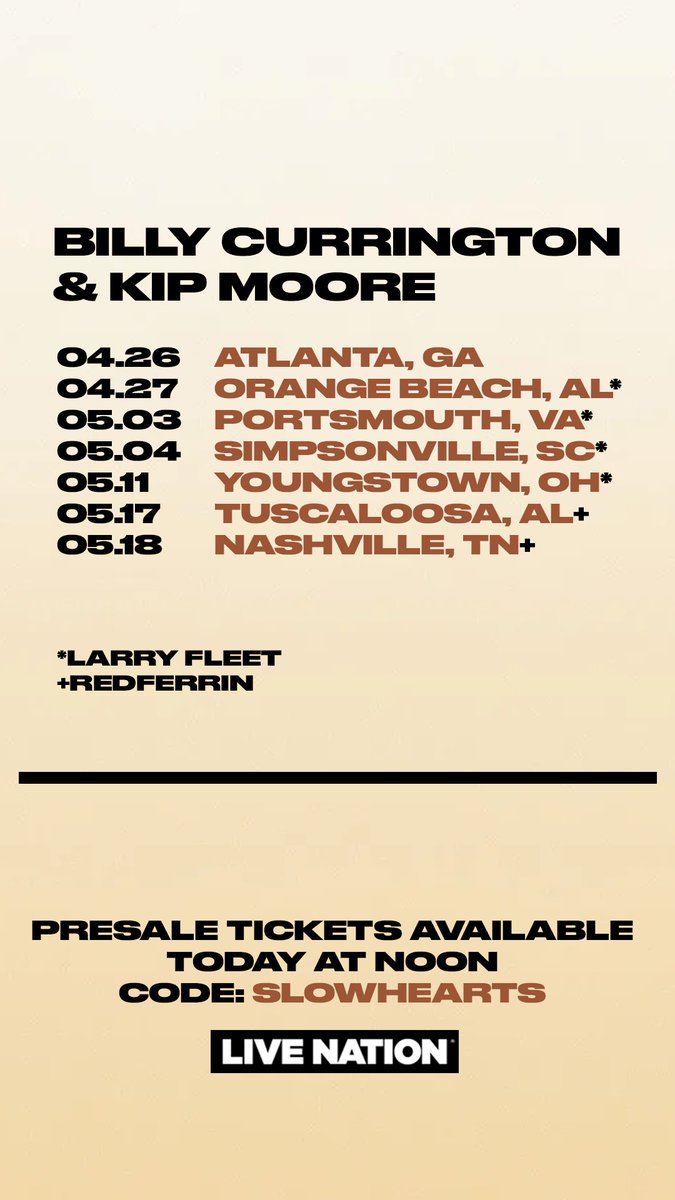 Presale tickets available at 12pm local time today using code: SLOWHEARTS Get tickets: kipmoore.net/tour/#/ Sorry for any confusion but I will not be on the last three shows with Billy in Sterling Heights, Bridgeport, nor NYC
