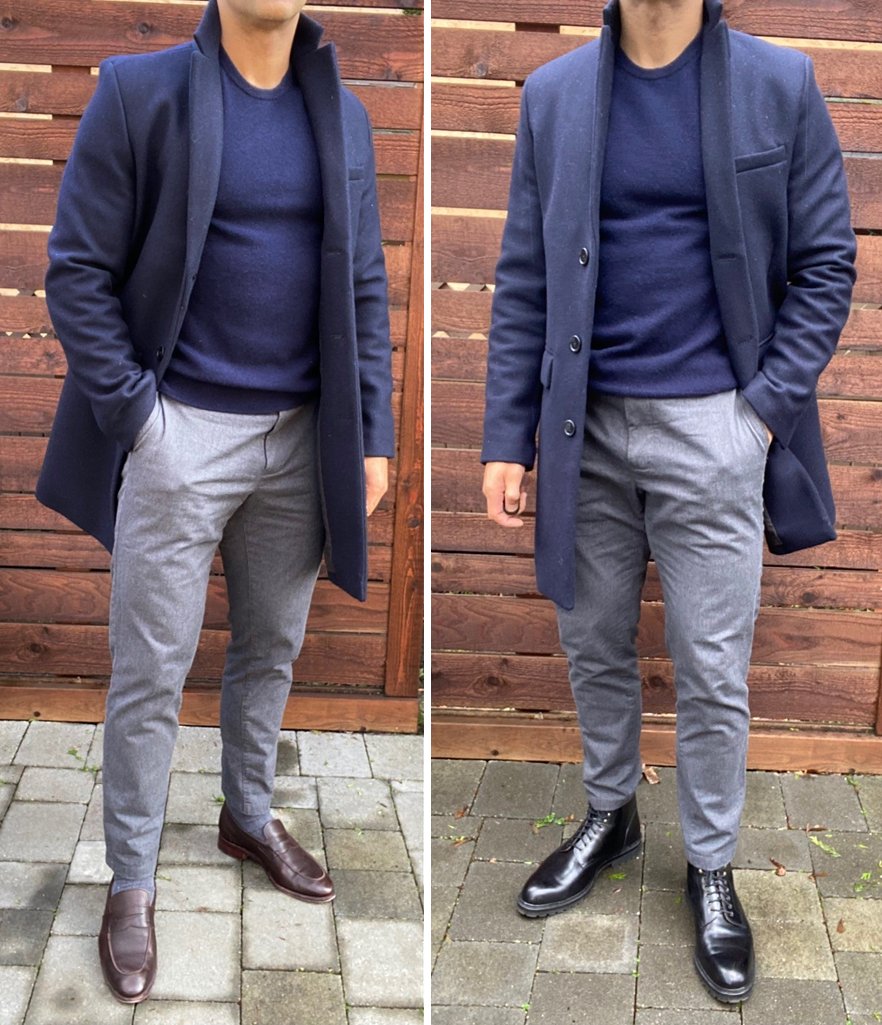 Having a deep footwear game is one of the keys to stellar style. It gives you a lot more RANGE with your looks. 

Same fit here - just the footwear has been swapped out to give each look a slightly different aesthetic.