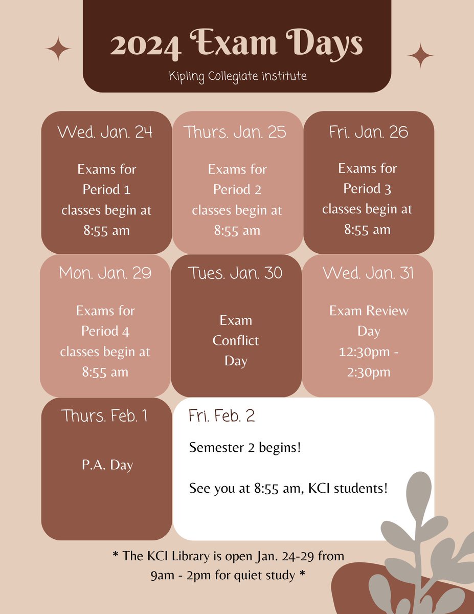 Final exams @ Kipling CI begin on Wed., Jan. 24! Are you ready??? Visit our website to view the student exam schedule, including times and room locations: schoolweb.tdsb.on.ca/kiplingci/