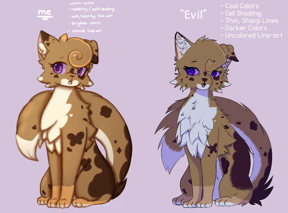 evil art style challenge thing with @/SparkyRaven’s Warrior Cats OC, Spottedfeather!! 💜🤎