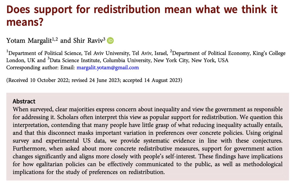 Very happy to share my paper with Yotam Margalit, now online at @PSRM: 'Does support for redistribution mean what we think it means?' 🧵 Here’s a summary thread… 1/