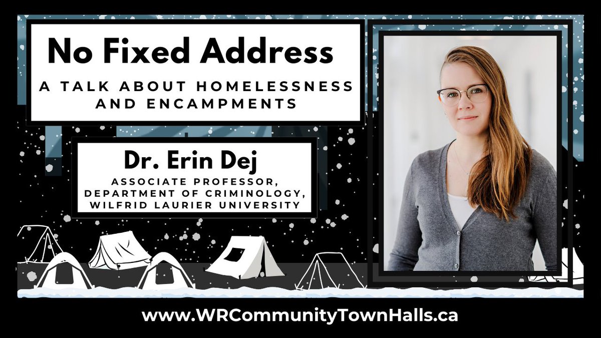 A first of the guest speakers joining in to chat for #NoFixedAddress, our next up #WRTownHalls segment, online February 22nd! 

Join Dr. Erin Dej (<a href="/ErinDej/">Erin Dej (she/her)</a>), Assistant Professor Dept. of Criminology at <a href="/Laurier/">Wilfrid Laurier University</a> in this discussion focused on #homelessness and #encampments.