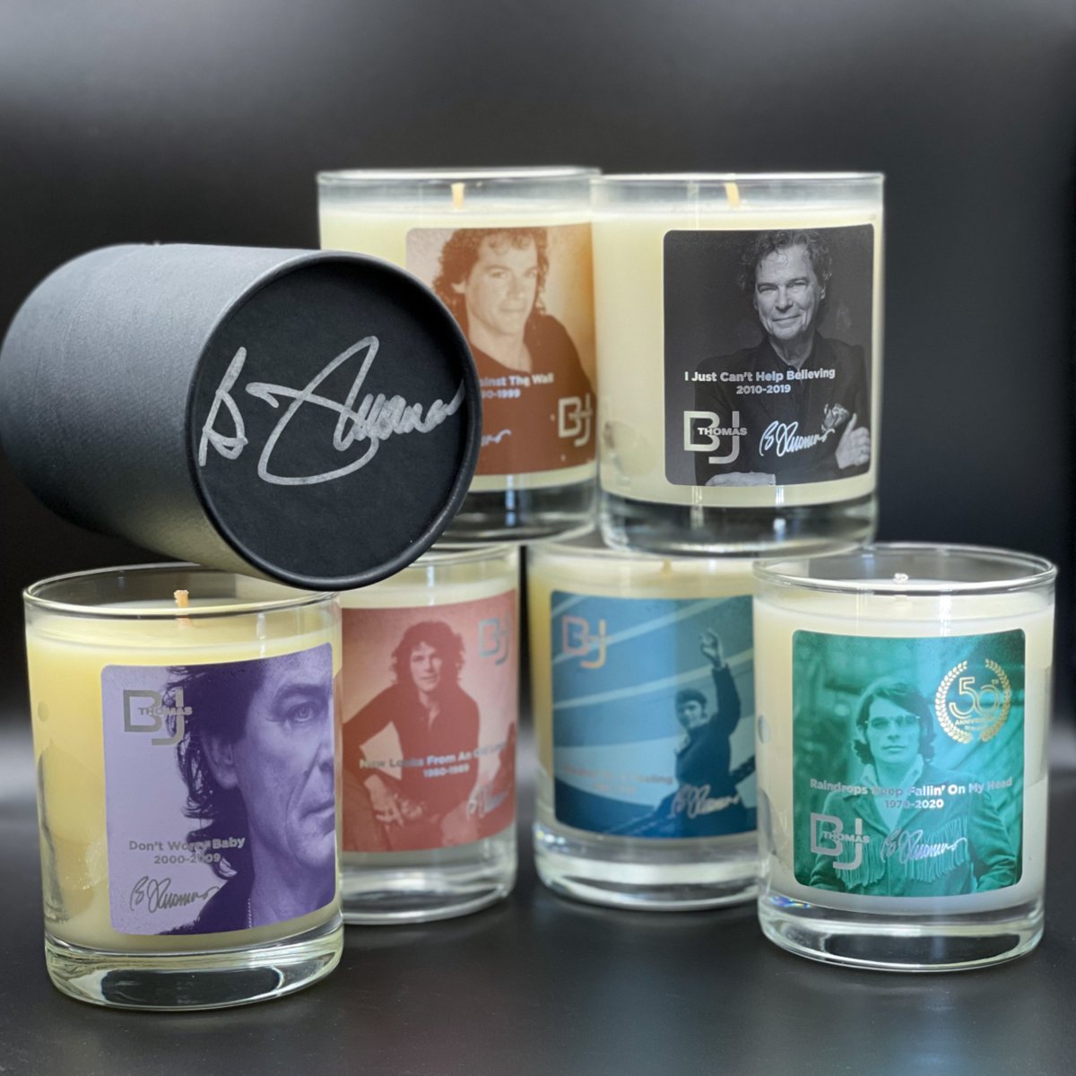Celebrate over 50 years of smash hits
with this Limited Edition Box Set that
features 6 collectible candles including one AUTOGRAPHED candle. Only 25 signed candles left though so get yours before they run out!
Shop the collection here
bjthomas.com/store/
#BJThomas