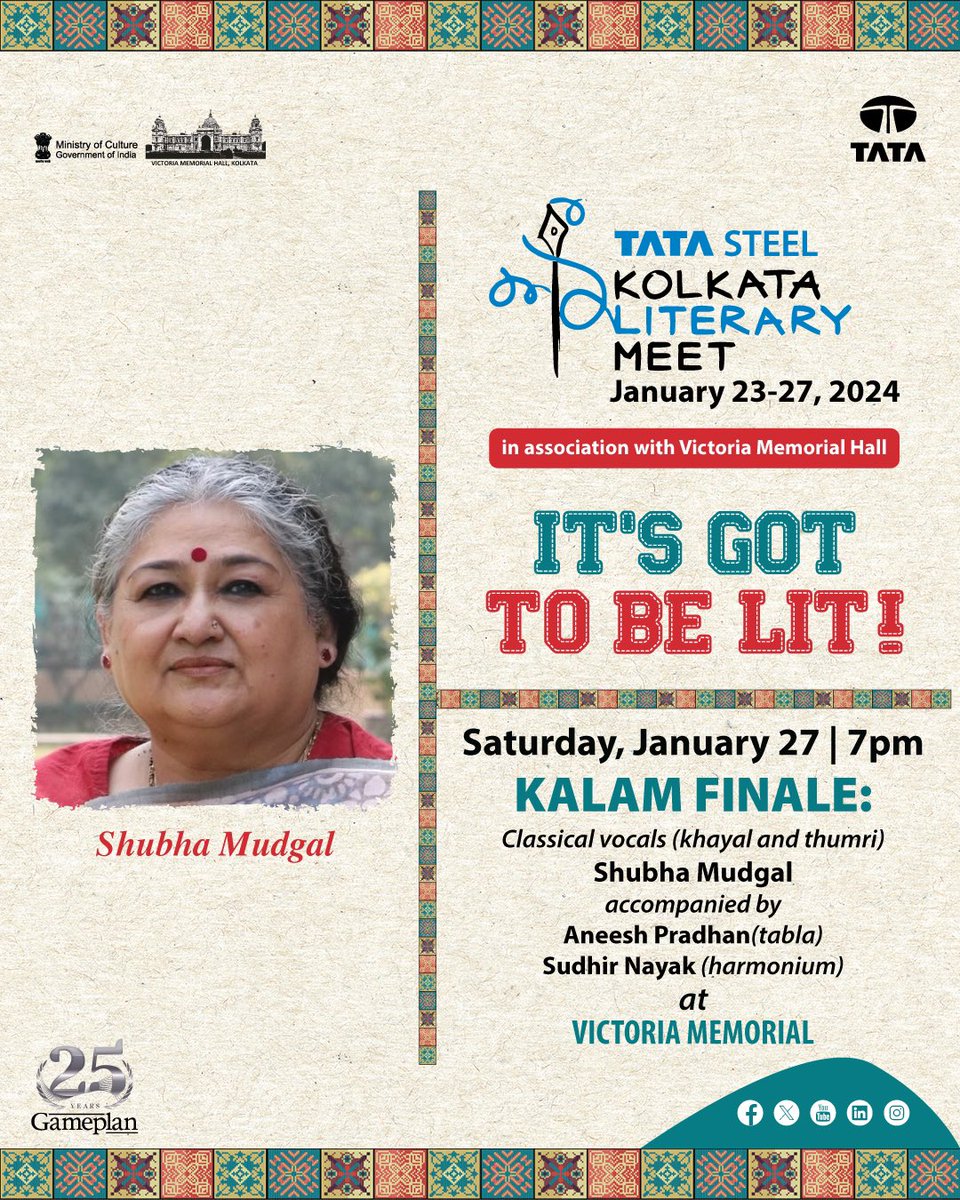 Looking forward to performing at the @TataSteelKalam finale in Kolkata with @aneesh and SudhirNayak on January 27, 2024 at 7 pm at the beautiful Victoria Memorial.
