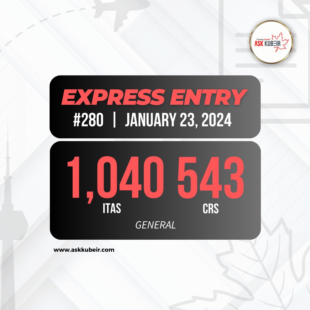 AskKubeir's tweet photo. Express Entry Draw Alert!
CRS remains high !
▶️ ITAs: 1,040
▶️ CRS: 543
Congratulations to those who made it!
#ExpressEntry #PRDraw #General https://t.co/ccznbU8Bpc