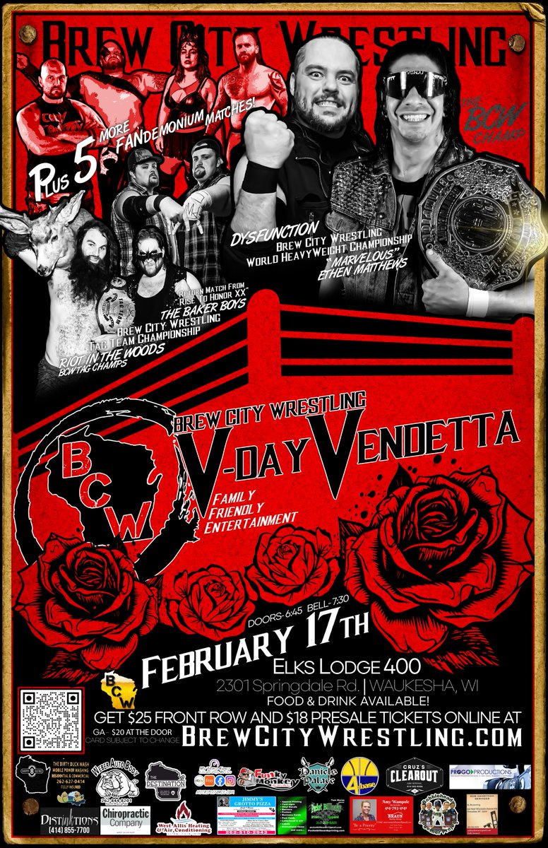 The Stars of Brew City Wrestling return Saturday, Feb 17 at the @WaukeshaElks with a 730pm bell time, doors open at 615pm. Ticket available on brewcitywrestling.com starting TOMORROW.