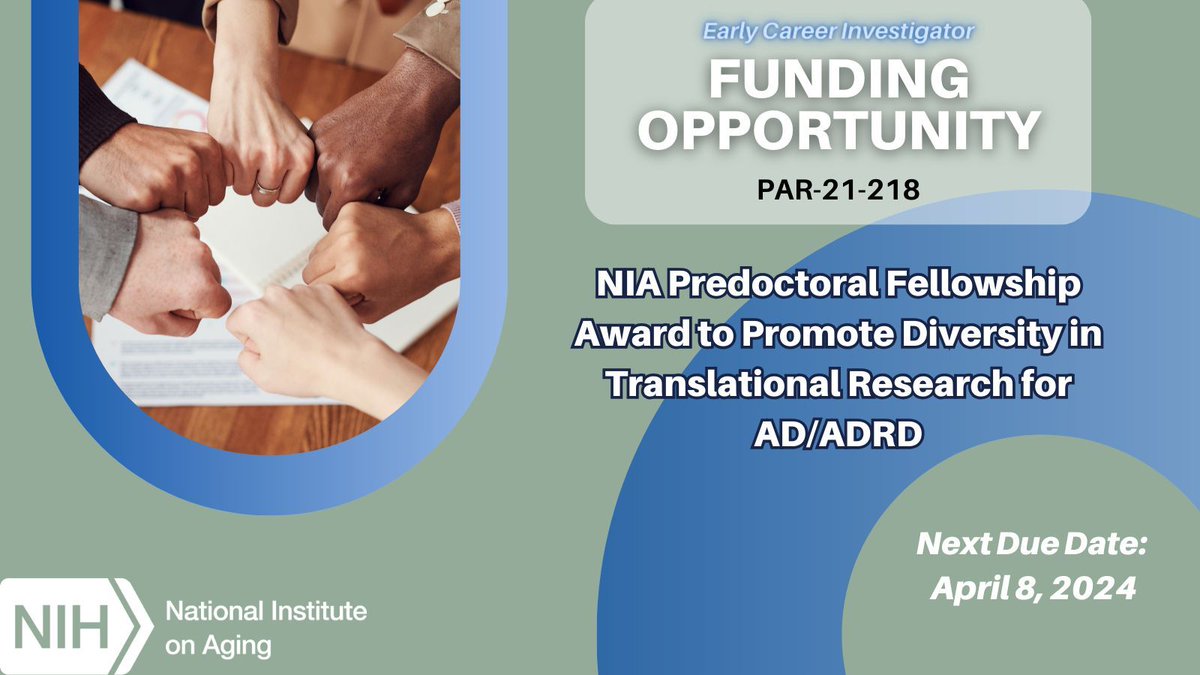 FUNDING OPPORTUNITY: The next due date for the @NIHAging #fundingopportunity to support research training of #predoctoral candidates from diverse backgrounds to help them gain critical translational skills in data science is April 8. buff.ly/3wQc51q