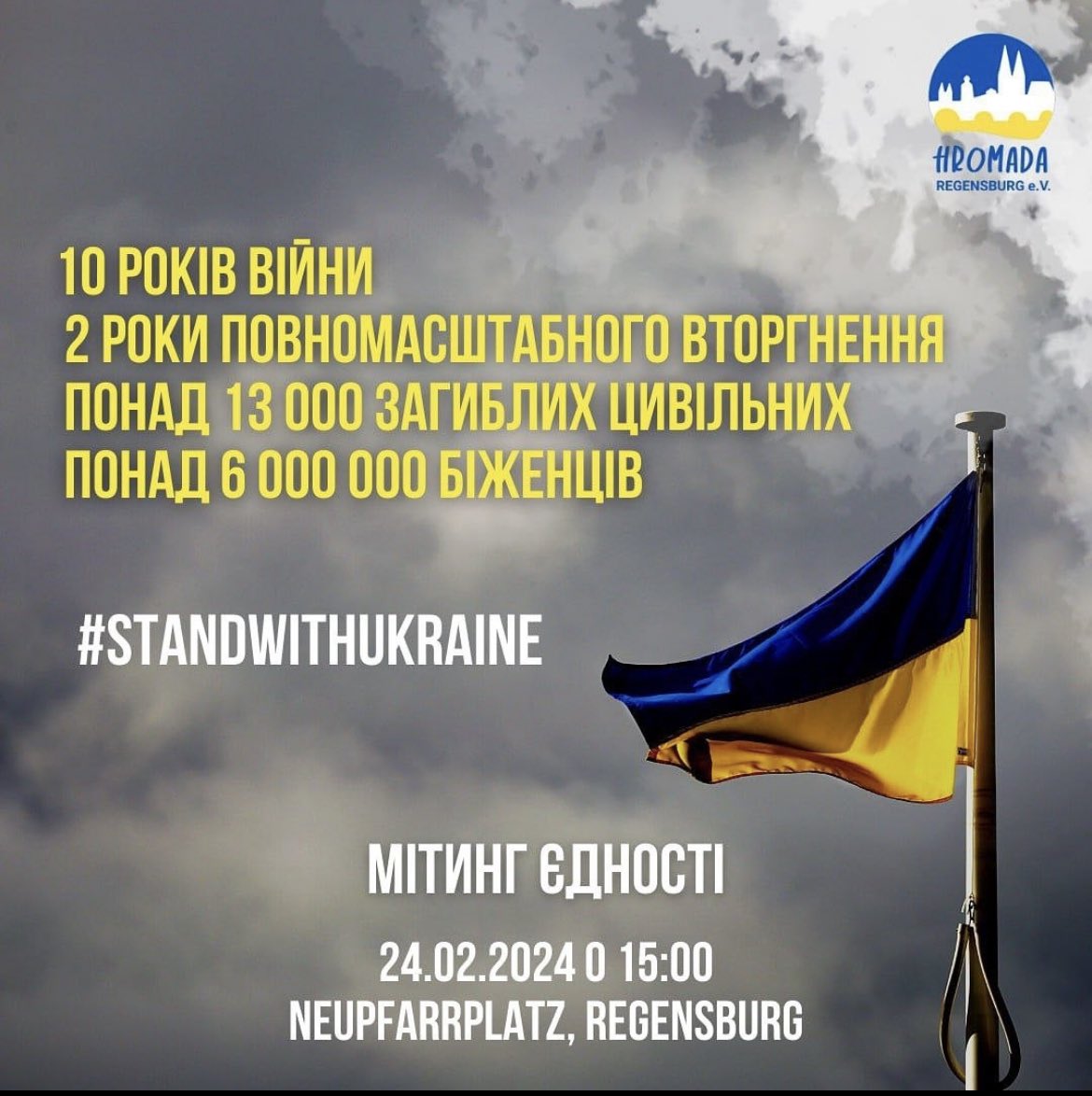 UA_Demos_DACH's tweet photo. REGENSBURG 24.2.24
Liebe Community,
auch in Regensburg könnt ihr am 24. Februar, an diesem schmerzlichen Tag, Solidarität mit der Ukraine zeigen.
Kommt gerne um 15 Uhr zum Neupfarrplatz.
#DefendDemocracyAidUkraine #lightwillwinoverdarkness https://t.co/hWA6dwxh8O