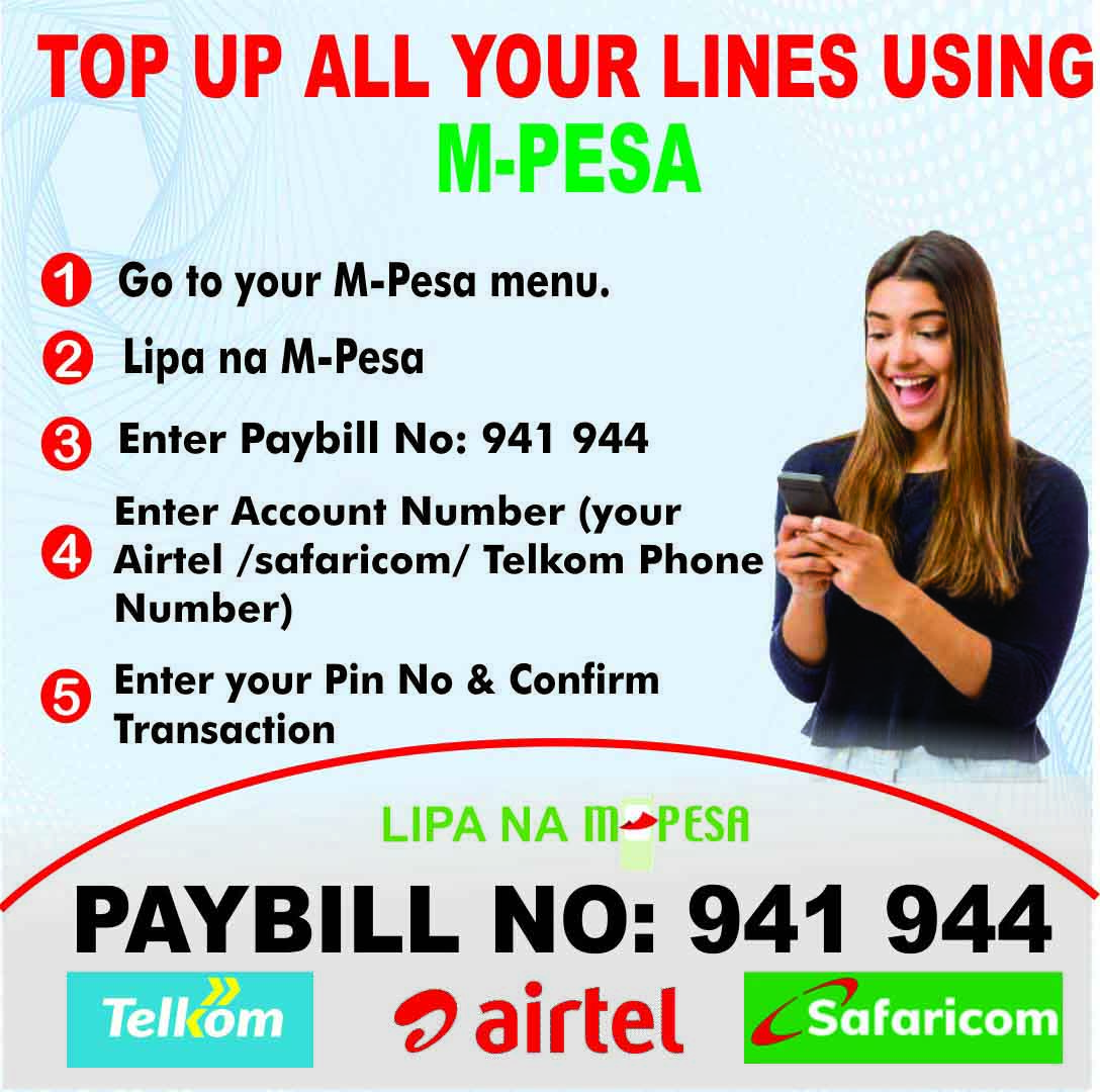 Buy AIRTIME through M-pesa paybill 941 944. The account number is your mobile number. Ndindi Nyoro Rita Waeni Elsa Lizzie Wanyoike Roysambu