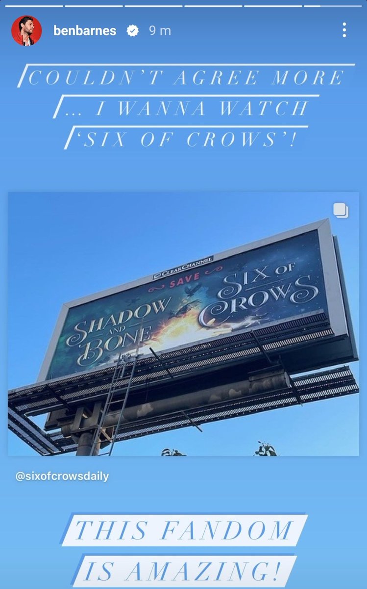 sixofcrowsxm6's tweet photo. Ben Barnes just reposted the billboard!!! It's so pleasing to read that we're amazing by this trully incredible cast, we love them so much♥️♥️♥️ #SaveShadowAndBone #SixOfCrowsSpinoff #WhatBillboardNetflix https://t.co/MvAVaT4t68