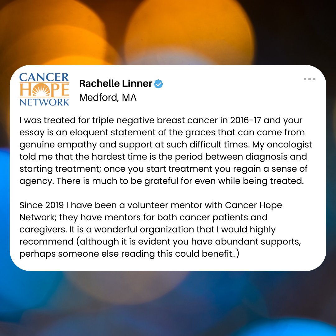 Cancer Hope Network (@cancerhopenet) on Twitter photo The power of kindness and expression of concern has a profound impact during the time of a cancer diagnosis, as shown in <a href="/NYTimes/">The New York Times</a>.
Any difficult journey, especially a cancer journey, is often made easier when you donāt need to do it alone. Read more: nyti.ms/3SmK786 The power of kindness and expression of concern has a profound impact during the time of a cancer diagnosis, as shown in <a href="/NYTimes/">The New York Times</a>.
Any difficult journey, especially a cancer journey, is often made easier when you donāt need to do it alone. Read more: nyti.ms/3SmK786