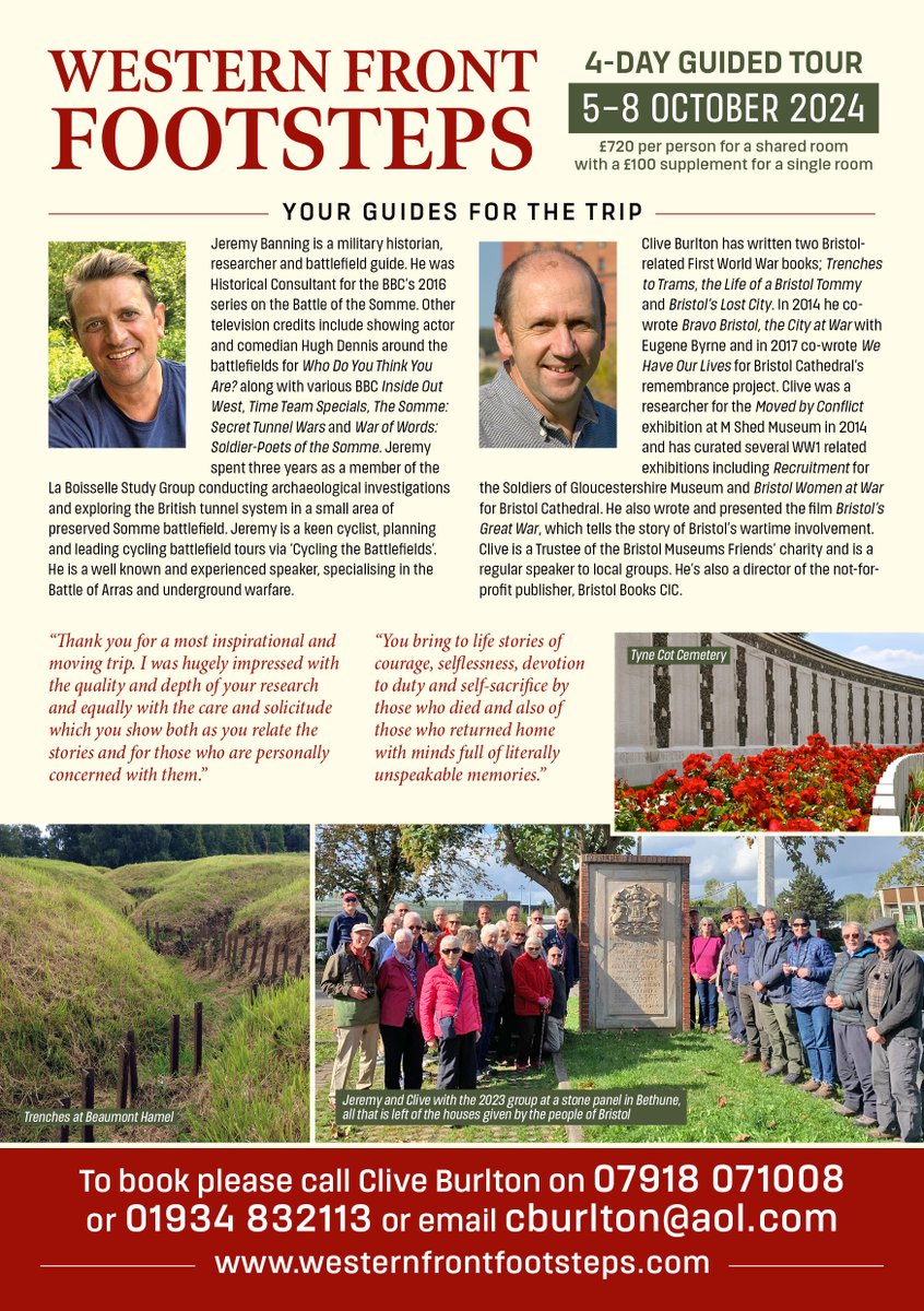 jbanningww1's tweet photo. My mate Clive Burlton and I have been running annual battlefield tours by coach since 2016. We've agreed our dates for October 2024 and the wonderful @BattlefieldGD has updated our flyer. Please pass on to anyone who may be interested. More info at https://t.co/4ssCYujE7r https://t.co/SvlqiM0a2A