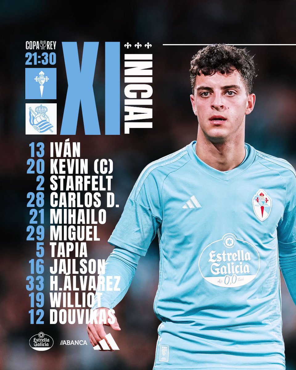 MCeleste1923's tweet photo. 🚨 ALIÑACIÓN @RCCelta 🚨

Os nosos saen con Iván Villar; Kevin Vázquez, Carlos Domínguez, Carl Starfelt, Mihailo Ristic; Renato Tapia, Jailson, Miguel Rodríguez, Hugo Álvarez; Williot Swedberg e Tasos Douvikas

#CeltaRealSociedad
#ADebeda https://t.co/XW9ptlyw98